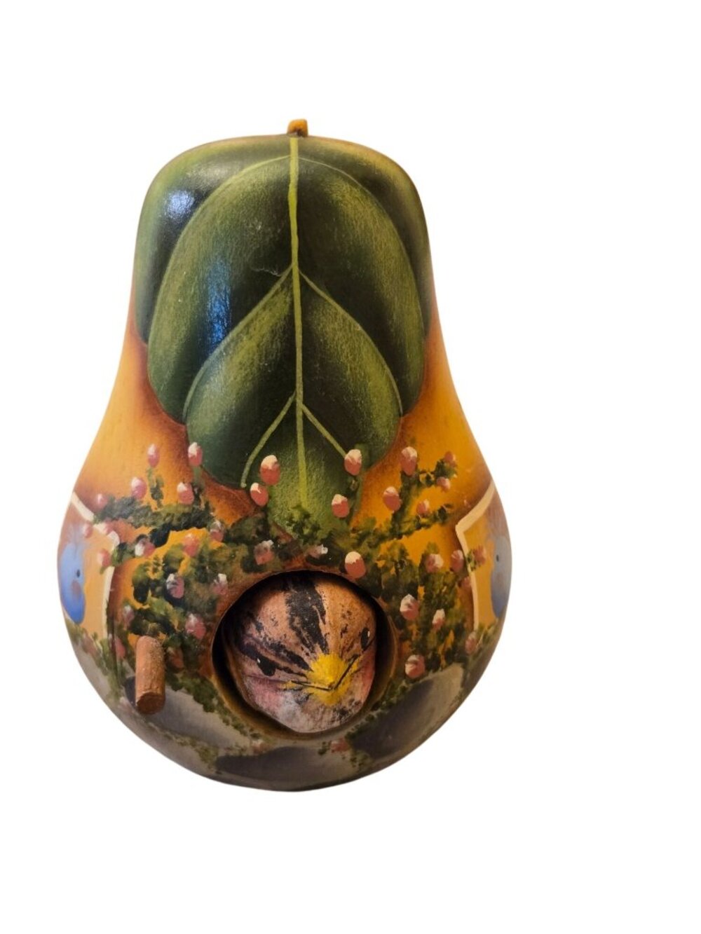 Hand Carved Wood Birdhouse Pear Cottage Folk Art Decor